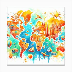 Summer Travel - Watercolor Painting of a World Map with Landmarks and Icons Canvas Print
