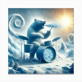 A Booming Bear Playing A Drum Set Made Of Ice, Inspired By The Organic And Biomorphic Forms Of Jean Arp, With A Frozen Blue And White Palette, Where The Drum Set Is In Focus And The Surrounding Landscape Canvas Print