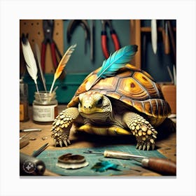 Tortoise Attaching The Feathers To His Shell Using The Special Glue (3) Canvas Print