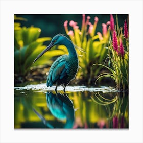 Blue Bird with Pink Waterside Flowers Canvas Print