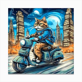 A cat riding a rocket motorcycle through a city, with the skyscrapers and traffic lights reminiscent of Van Gogh's paintings of Paris. Canvas Print