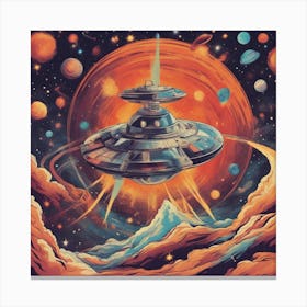 A Retro Style Cosmic Marvels Blasting Space, With Colorful Exhaust Flames And Stars In The Backgroun Canvas Print