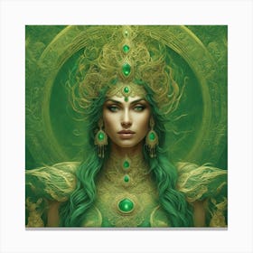 In All Pantone Contrasting Shades Of Green Only With A Large Golden Trident Ethereal Hindu Beaut Canvas Print
