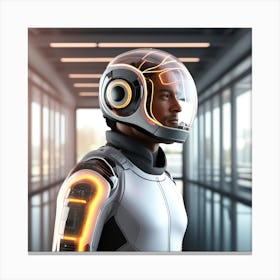 The Image Depicts A Alpha Male In A Stronger Futuristic Suit With A Digital Music Streaming Display 6 Canvas Print