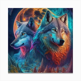 Two Wolves In Front Of The Moon Canvas Print