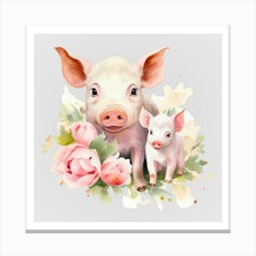 Watercolor Spring Mama And Baby Pigs Canvas Print