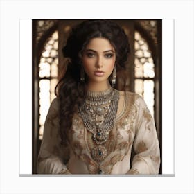 Woman, dark hair, white outfit, intricate embroidery, jewelry, ornate backdrop, elegant appearance. . . beautiful woman with long, dark hair, wearing a white outfit with intricate embroidery and jewelry. She is standing in front of an ornate backdrop, showcasing her elegant appearance. Canvas Print