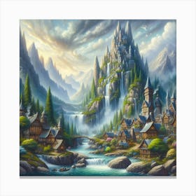Fantasy Inspired Acrylic Painting Of A Whimsical Village Nestled Among Towering Mountains And Cascading Waterfalls, Style Fantasy Art 1 Canvas Print