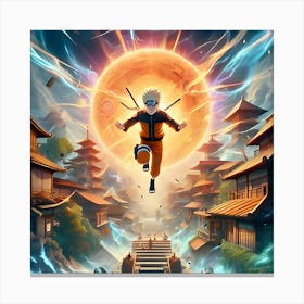 An Eye Catching Anime Style Digital Painting Featuring Naruto Unleashing Rasengan Set Against The Background Of Hidden Leaf Village And Visual Effects Like Explosions Canvas Print