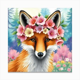 A Fox Wearing A Wreath Of Pastel Flowers, With A Colorful Watercolor Forest Behind Canvas Print