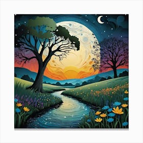 Moonlight Over A Stream Canvas Print