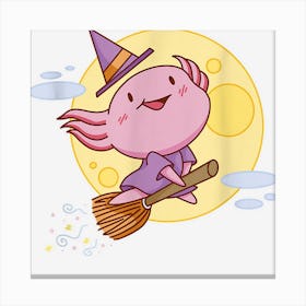 Funny Cute Axolotl Halloween Witch On Broomstick Canvas Print