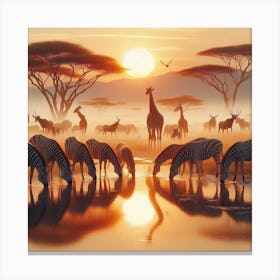 Giraffes At The Waterhole 2 Canvas Print