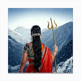 Firefly Indian, Married Woman, Sari, Traditional, Durga, Trident, Weapon, Snow, Hills, Backward View (9) Canvas Print