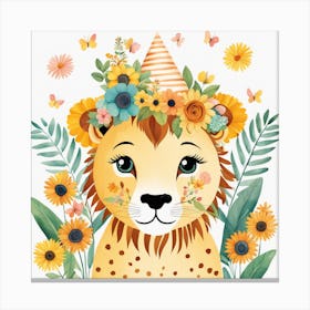 Floral Cute Baby Lion Nursery Illustration (5) Canvas Print
