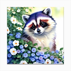 Raccoon And Garden Flowers Canvas Print