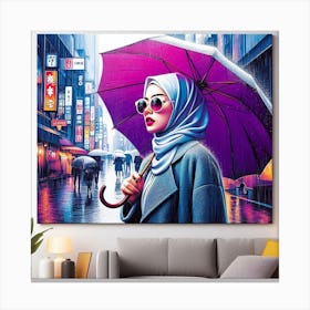 A Woman in Hijab and Sunglasses Walks on a Rainy Street in Tokyo: A Realistic and Bright Pop Art Painting Canvas Print