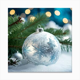 Closeup Of A Shiny White Bauble Adorned With Snowflakes Reflecting The Merry Lights Of A Festive Ch (2) 2 Canvas Print