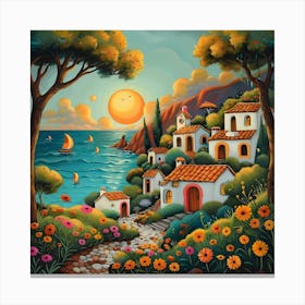 Coastal Mediterranean Village, Naive, Whimsical, Folk Canvas Print