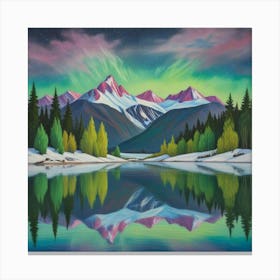 Aurora Over Snow Capped Peaks A Tranquil Mountain Reflection (1) Canvas Print