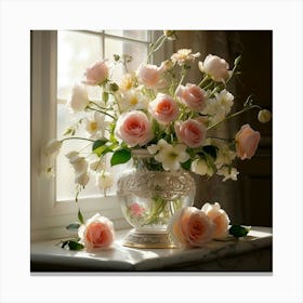 Pink Roses In A Vase Canvas Print