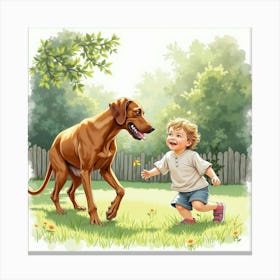 Watercolor Of A Vizsla And Child Playing In A Sunny Garden 1 Canvas Print