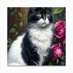 Cat With Roses Canvas Print