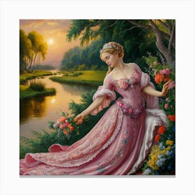 Sunset Harmony Graceful Woman In Pink Dress, Oil Painting (1) Canvas Print