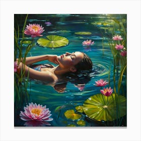 A gracefully floating water nymph, her delicate form surrounded by a tranquil garden of ethereal water blossoms. The petals of these flowers convey a range of emotions, shifting gently with the breeze that ripples through the crystal-clear water. The aquatic stems showcase a vibrant array of colors, dazzling the eyes with their beauty. This captivating scene is depicted in a stunningly detailed painting, where every aspect is brought to life with rich and vibrant hues against green surroundings, crossing reality and illusion, highly detailed, cinematic scene, dramatic lighting, ultra realistic Canvas Print