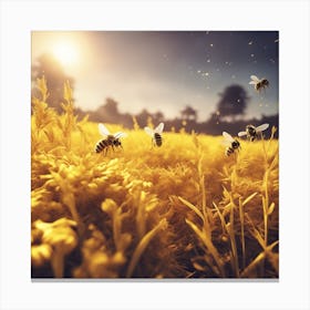 A Beautiful Yellow Bees Setting On The Horizon, The Sun Shines Through The Tops Of Rice Canvas Print