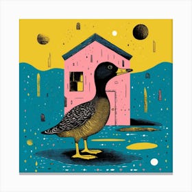 Duckling Outside A House Linocut Style 3 Canvas Print