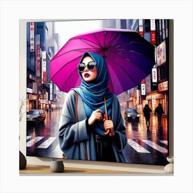 Tokyo Rain: A Pop Art Painting of a Woman in Hijab Canvas Print