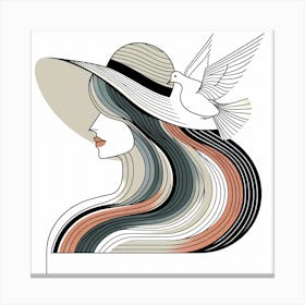 Beauty With Hat And Flying Pigeon - Creative Minimal Illustration Canvas Print