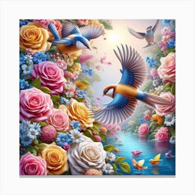 Birds And Roses 1 Canvas Print