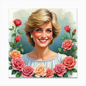 Princess Diana S Warm Smile Framed By A Colorful Garden Of Watercolor Roses 1 Canvas Print