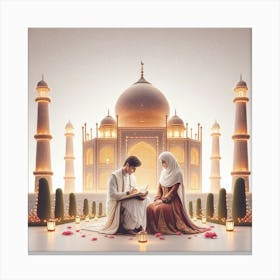 Muslim Couple In Front Of Taj Mahal Canvas Print