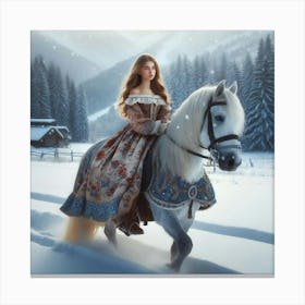 Snow Girl Riding A Horse Canvas Print