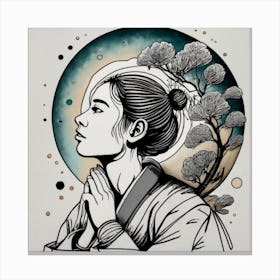 Asian Woman Praying, line art, ink art Canvas Print