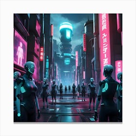 A Gritty, Dystopian Cyberpunk Digital Art Scene Set In A Futuristic Tokyo Cityscape Populated With Humanoid Androids Canvas Print