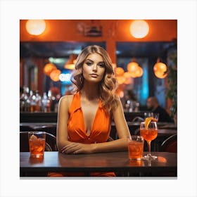 Beautiful Woman In Orange Dress Sitting At The Bar Canvas Print