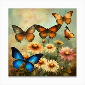 Three Butterflies And Flowers Canvas Print