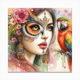 Woman With Parrot Canvas Print