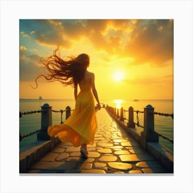 Girl Walking On A Pier At Sunset Canvas Print