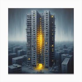 Yellow light emits from the cracks in the building Canvas Print