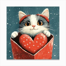 Cute Cat Peeking from Heart Gift Box 3 Canvas Print