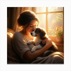 A Newborn Puppy Cuddling In The Arms Of A Content Woman Warm Sunlight Filtering Through A Nearby W (1) Canvas Print