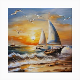 Oil painting design on canvas. Sandy beach rocks. Waves. Sailboat. Seagulls. The sun before sunset.33 Canvas Print