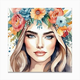 Watercolor Portrait Of A Woman With Flowers 1 Canvas Print