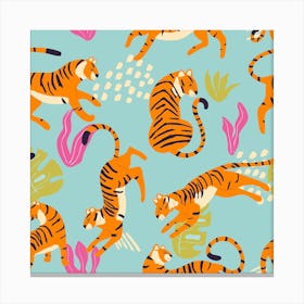 Tiger Pattern On Blue With Tropical Leaves Square Canvas Print