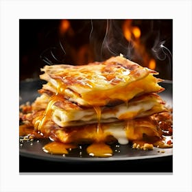 Lasagna On A Black Plate With Fire Canvas Print